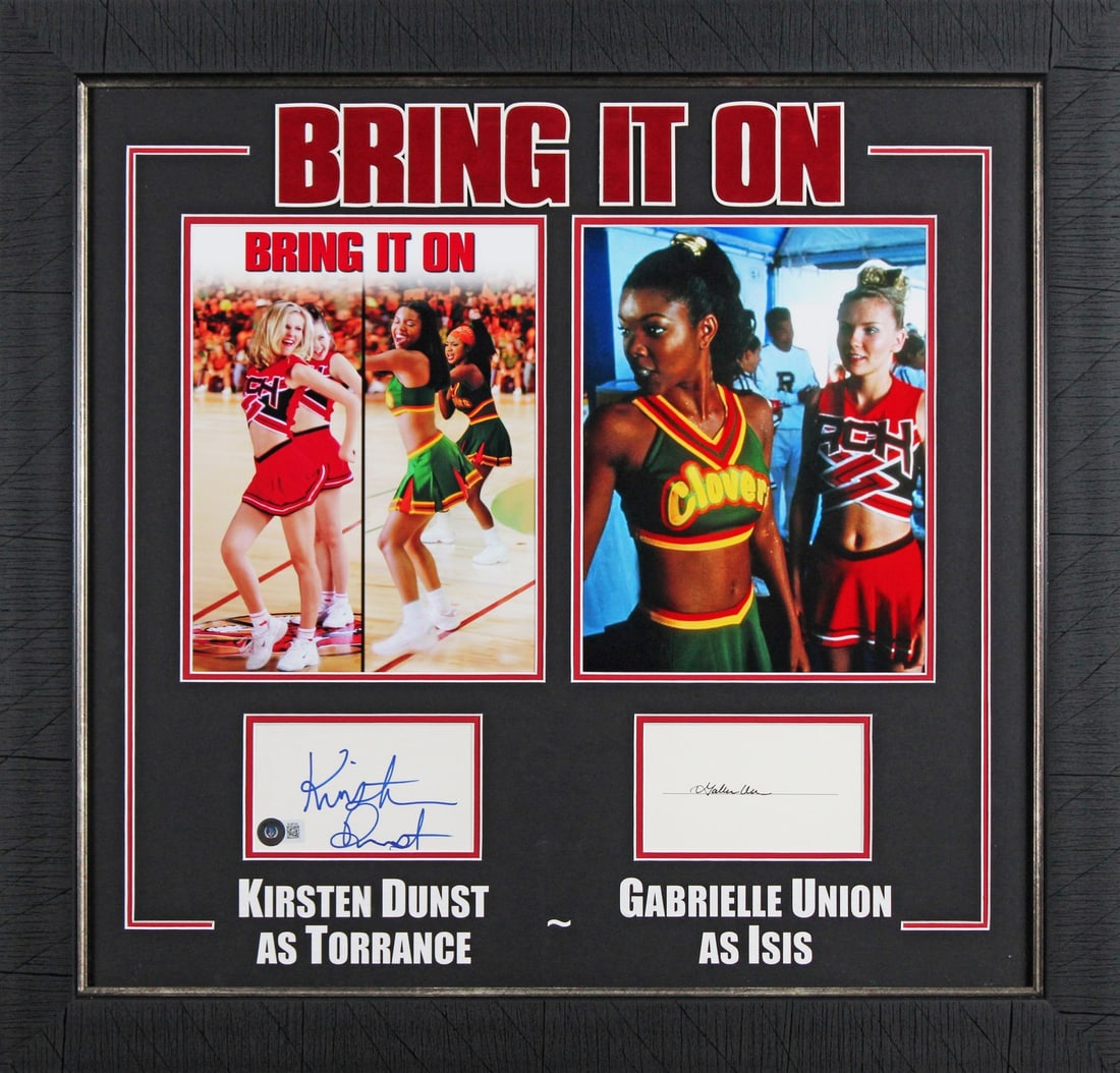 Framed Bring It On Signed Photograph Kirsten Dunst Gabrielle Union BAS: Framed Bring It On Signed Photograph Kirsten Dunst Gabrielle Union BAS Authentic signed framed display for Bring It On, personally signed by Kirsten Dunst and Gabrielle Union. This pre-owned piece inc