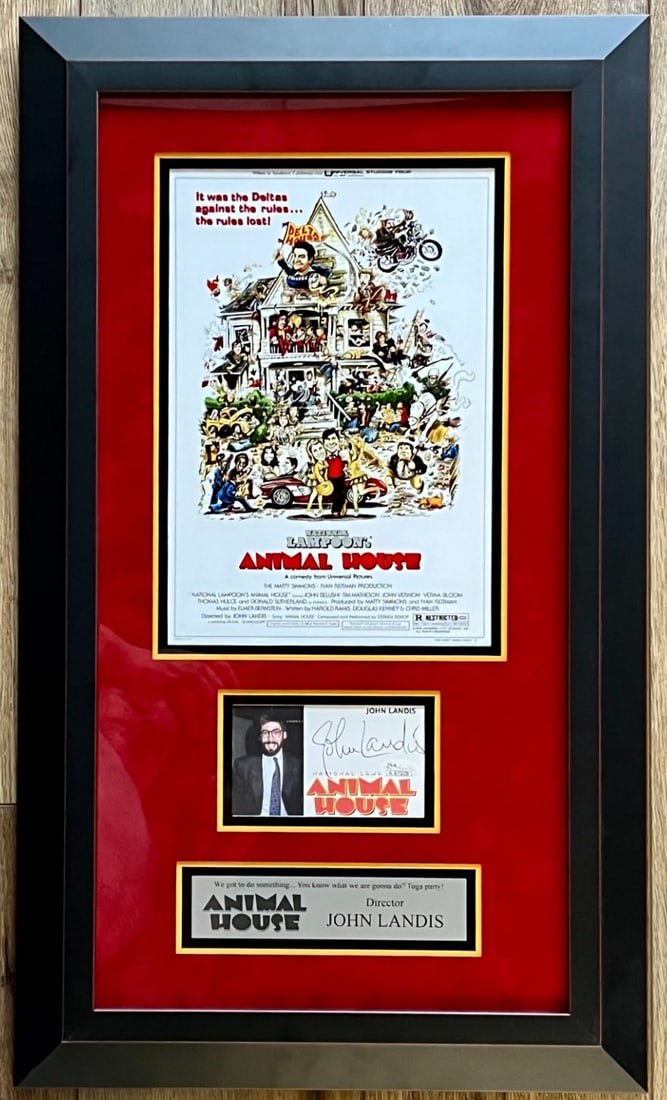 John Landis Signed Animal House Index Card Framed Display JSA Authenticated: John Landis Signed Animal House Index Card Framed Display JSA Authenticated This stunning display features a custom-designed index card from the iconic movie "Animal House," signed by the renowned dir