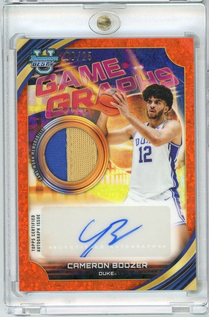 Cameron Boozer 2025 Bowman U Best GGCB Orange Autograph Card 25 RC: Cameron Boozer 2025 Bowman U Best GGCB Orange Autograph Card 25 RC Pre-owned 2025-26 Bowman U Best Cameron Boozer Game Graphs Orange Auto rookie sports trading card. This autographed card features Cam