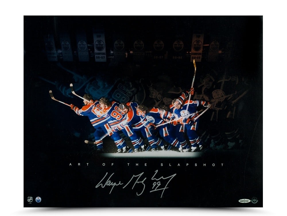 Wayne Gretzky Autographed 16X20 Photo Art of the Slapshot Oilers Upper Deck: Wayne Gretzky Autographed 16X20 Photo Art of the Slapshot Oilers Upper Deck Celebrate hockey history with this Wayne Gretzky signed and autographed 16X20 photo titled "Art of the Slapshot." This origi