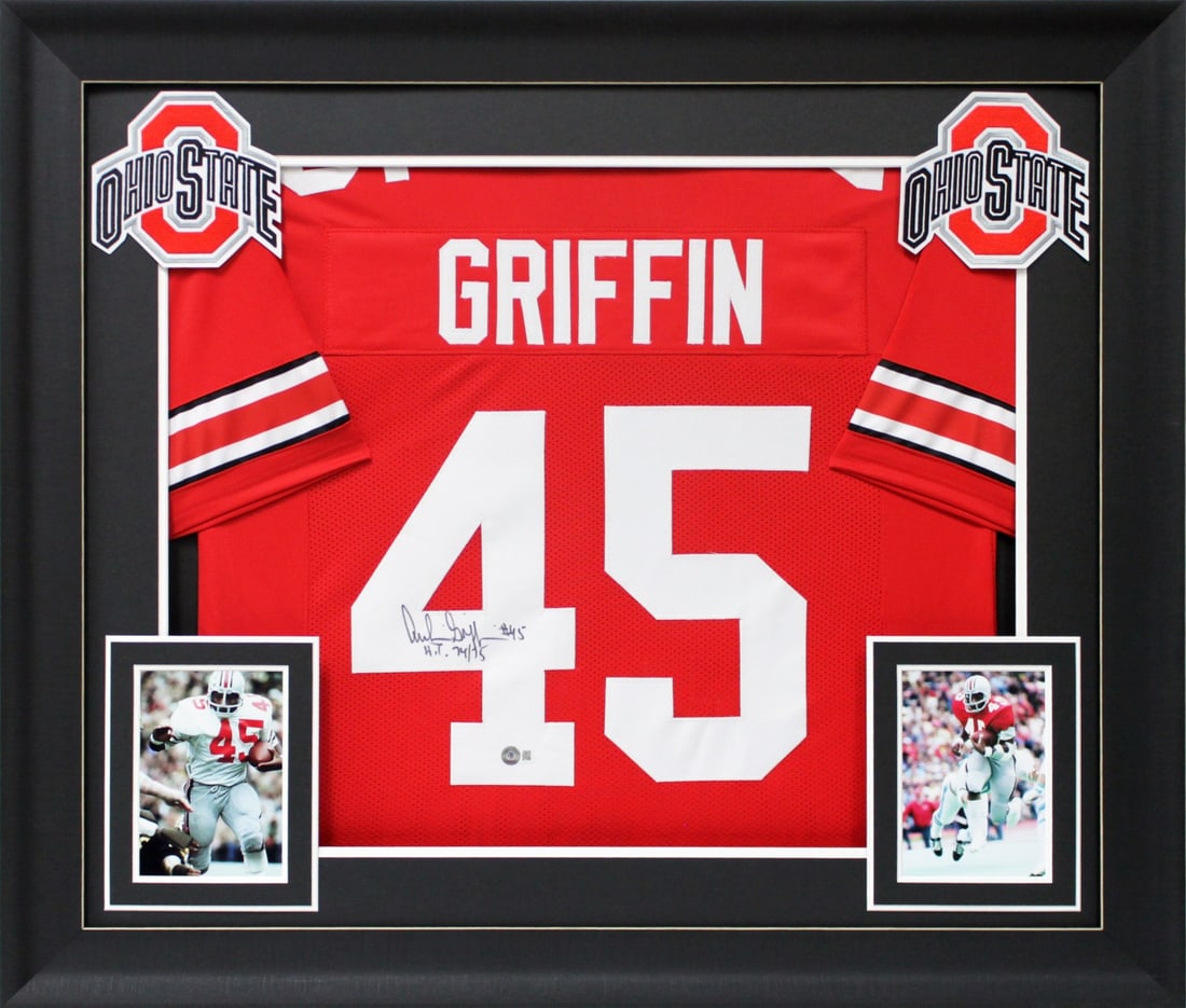 Framed Archie Griffin Ohio State Buckeyes Signed Jersey BAS Witnessed: Framed Archie Griffin Ohio State Buckeyes Signed Jersey BAS Witnessed Professionally framed red pro style jersey signed by Archie Griffin and inscribed "HT 74/75." This original autographed piece is a