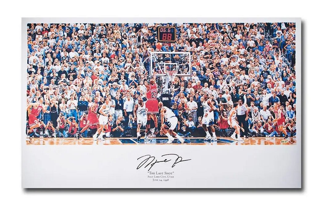 Michael Jordan Autographed 22x36 Photo The Last Shot Bulls UDA Authenticated: Michael Jordan Autographed 22x36 Photo The Last Shot Bulls UDA Authenticated This stunning 22" x 36" autographed photo captures Michael Jordan's legendary "Last Shot" during Game 6 of the 1998 NBA Fin