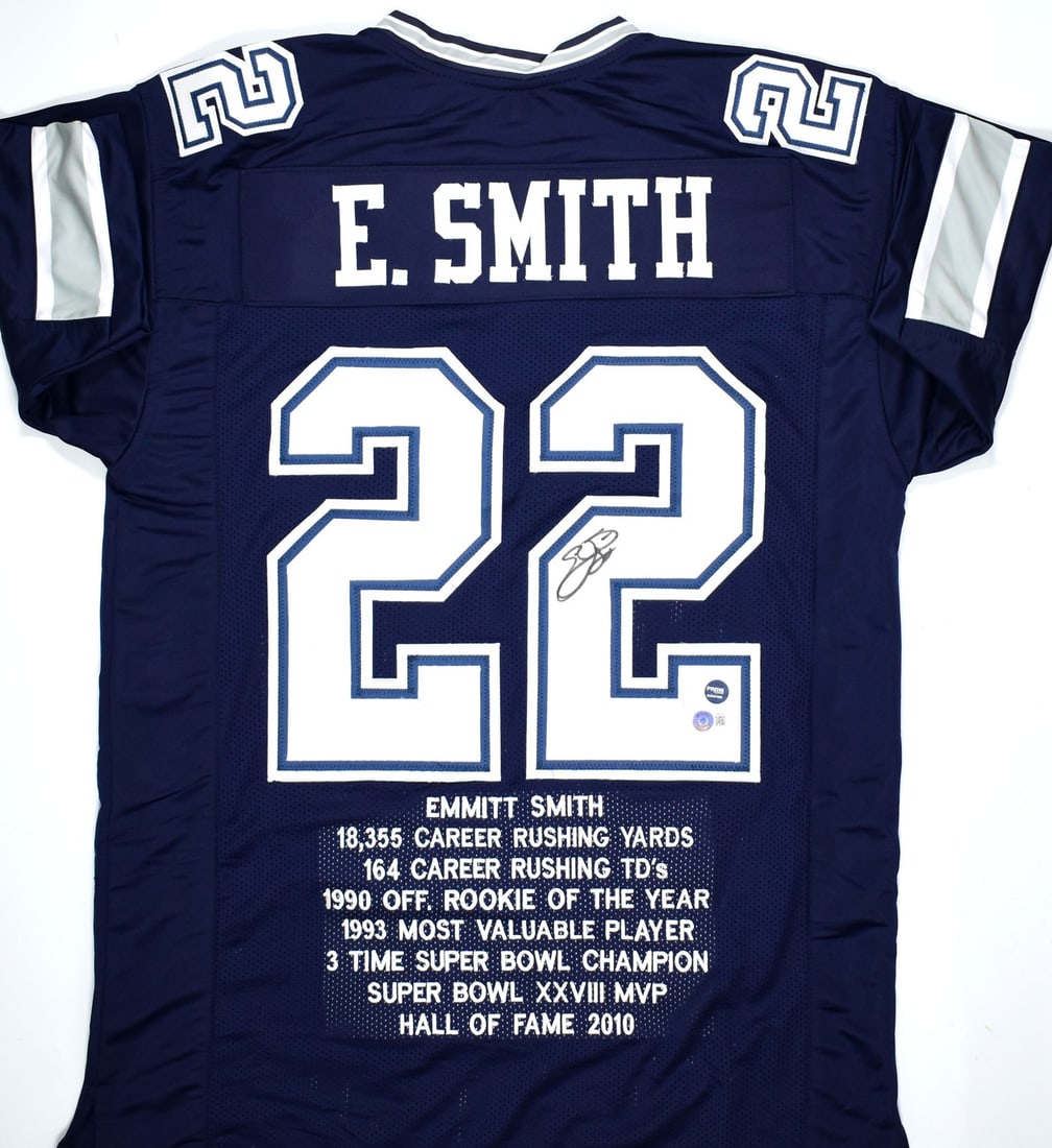 Dallas Cowboys Emmitt Smith signed blue stat jersey Beckett hologram (1 of 3)