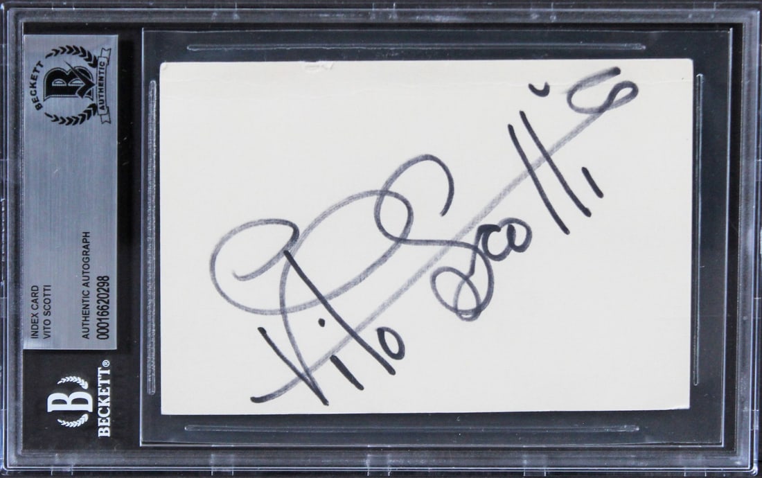 Vito Scotti Signed 3x5 Index Card The Godfather Beckett Authenticated: Vito Scotti Signed 3x5 Index Card The Godfather Beckett Authenticated This authentic 3x5 index card features the signature of Vito Scotti, known for his role in The Godfather. The item is slabbed and 
