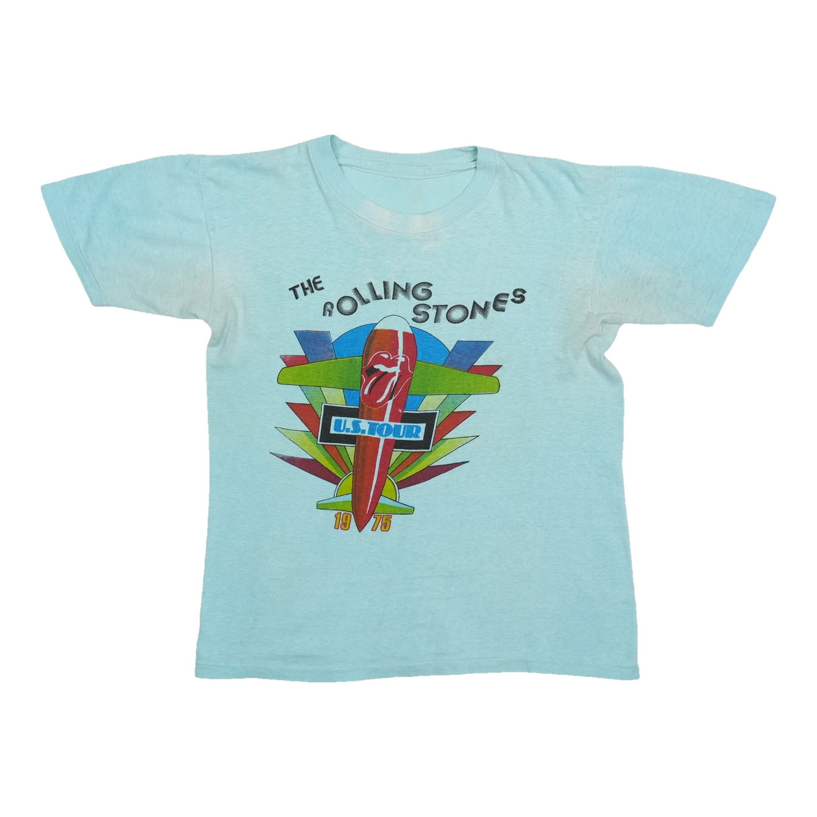 Light Blue 1975 Rolling Stones US Tour Vintage Cotton Shirt: Light Blue 1975 Rolling Stones US Tour Vintage Cotton Shirt Original vintage 1975 The Rolling Stones US Tour shirt in worn condition with discoloration throughout and no holes. This is a true vintage 