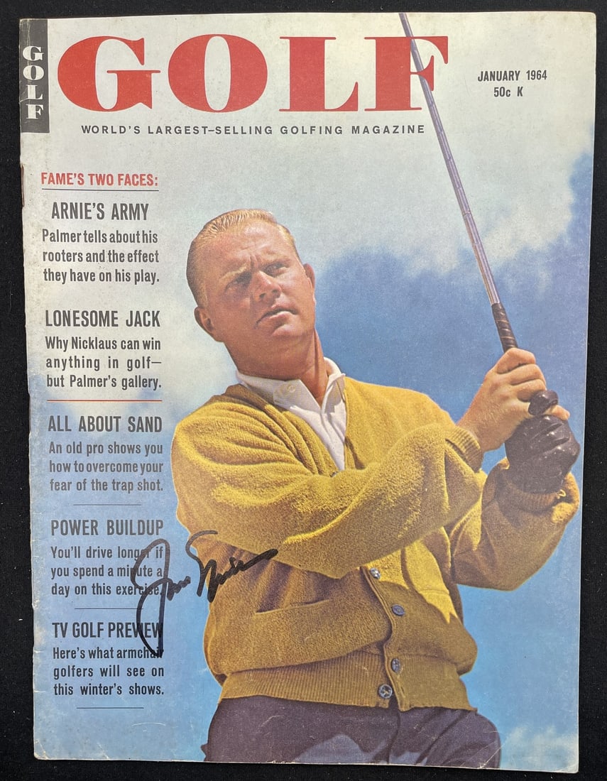 1964 Golf Magazine Autographed by Jack Nicklaus PSA DNA Authenticated: 1964 Golf Magazine Autographed by Jack Nicklaus PSA DNA Authenticated This is an original January 1964 issue of GOLF Magazine, newsstand edition with no label, signed by Jack Nicklaus. The magazine fe