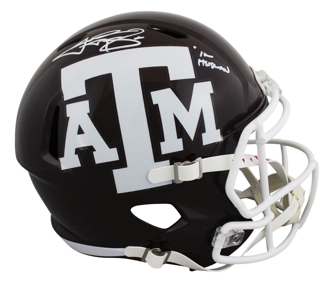 Johnny Manziel Autographed Texas A&M Full Size Speed Replica Helmet BAS Witnessed: Johnny Manziel Autographed Texas A&M Full Size Speed Replica Helmet BAS Witnessed This maroon full-size Speed Rep helmet features the signature of Johnny Manziel from the Texas A&M Aggies, along with 