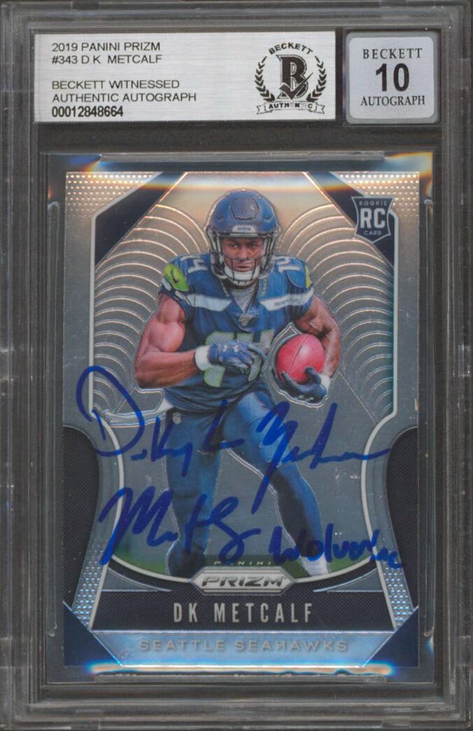 D.K. Metcalf Gem Mint 10 Signed 2019 Prizm Rookie Card Beckett Authenticated: D.K. Metcalf Gem Mint 10 Signed 2019 Prizm Rookie Card Beckett Authenticated This is an original 2019 Panini Prizm #343 rookie card, personally signed by D.K. Metcalf of the Seattle Seahawks with the 