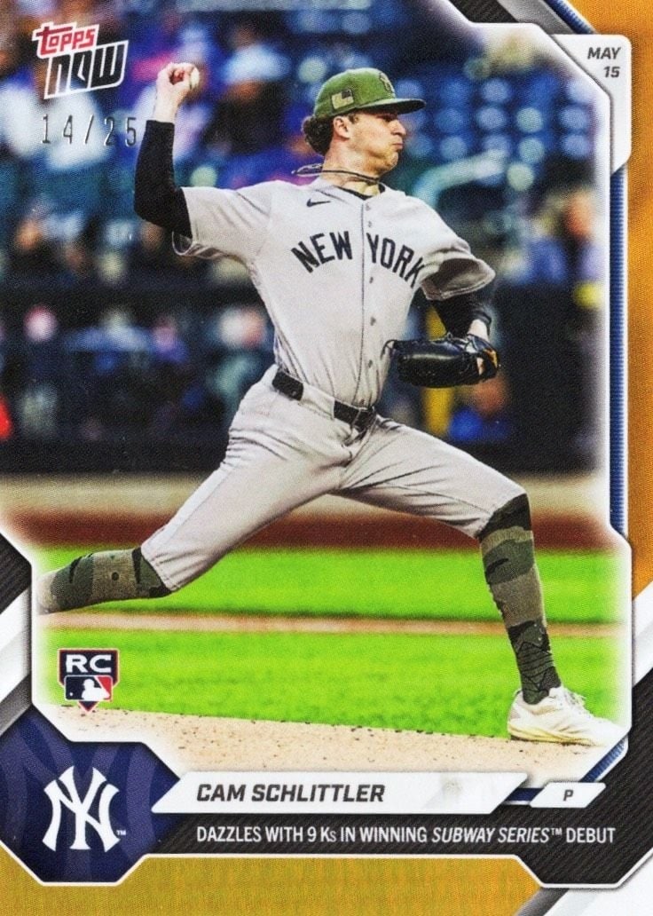 Orange Foil /25 Cam Schlittler 2026 Topps Now #206 RC: Orange Foil /25 Cam Schlittler 2026 Topps Now #206 RC 2026 Topps Now Cam Schlittler #206 Orange Foil /25 rookie baseball card. This sports trading card features Cam Schlittler and is part of the 2026 