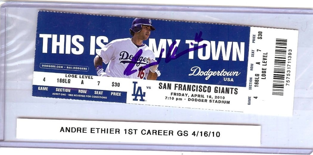 Andre Ethier Autographed Ticket Stub Dodgers 1st Grand Slam 4/16/10 JSA: Andre Ethier Autographed Ticket Stub Dodgers 1st Grand Slam 4/16/10 JSA Celebrate a significant moment in baseball history with this authentic Andre Ethier signed ticket stub from his first grand slam