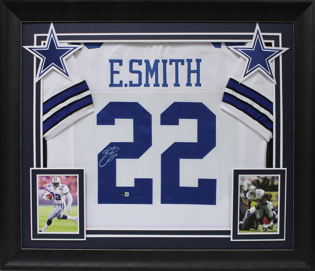 Framed Emmitt Smith signed white pro style jersey Beckett witnessed (1 of 2)