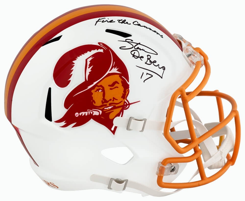 Steve DeBerg Signed Buccaneers Full-Size Speed Replica Helmet Fire The Cannons SS COA: Steve DeBerg Signed Buccaneers Full-Size Speed Replica Helmet Fire The Cannons SS COA This is a full-size Tampa Bay Buccaneers throwback Riddell speed replica helmet, signed by former NFL quarterback 