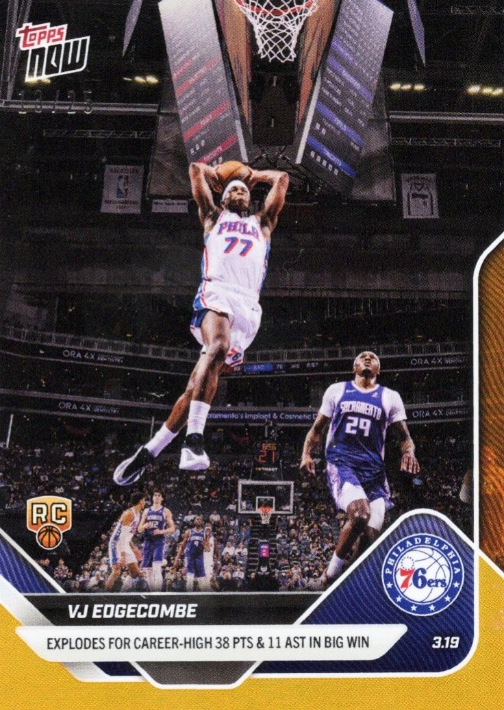 Orange Foil 2025 Topps Now #218 VJ Edgecombe Rookie Card: Orange Foil 2025 Topps Now #218 VJ Edgecombe Rookie Card 2025 Topps Now VJ Edgecombe #218 Orange Foil rookie basketball card. This sports trading card features VJ Edgecombe and is part of the Topps No