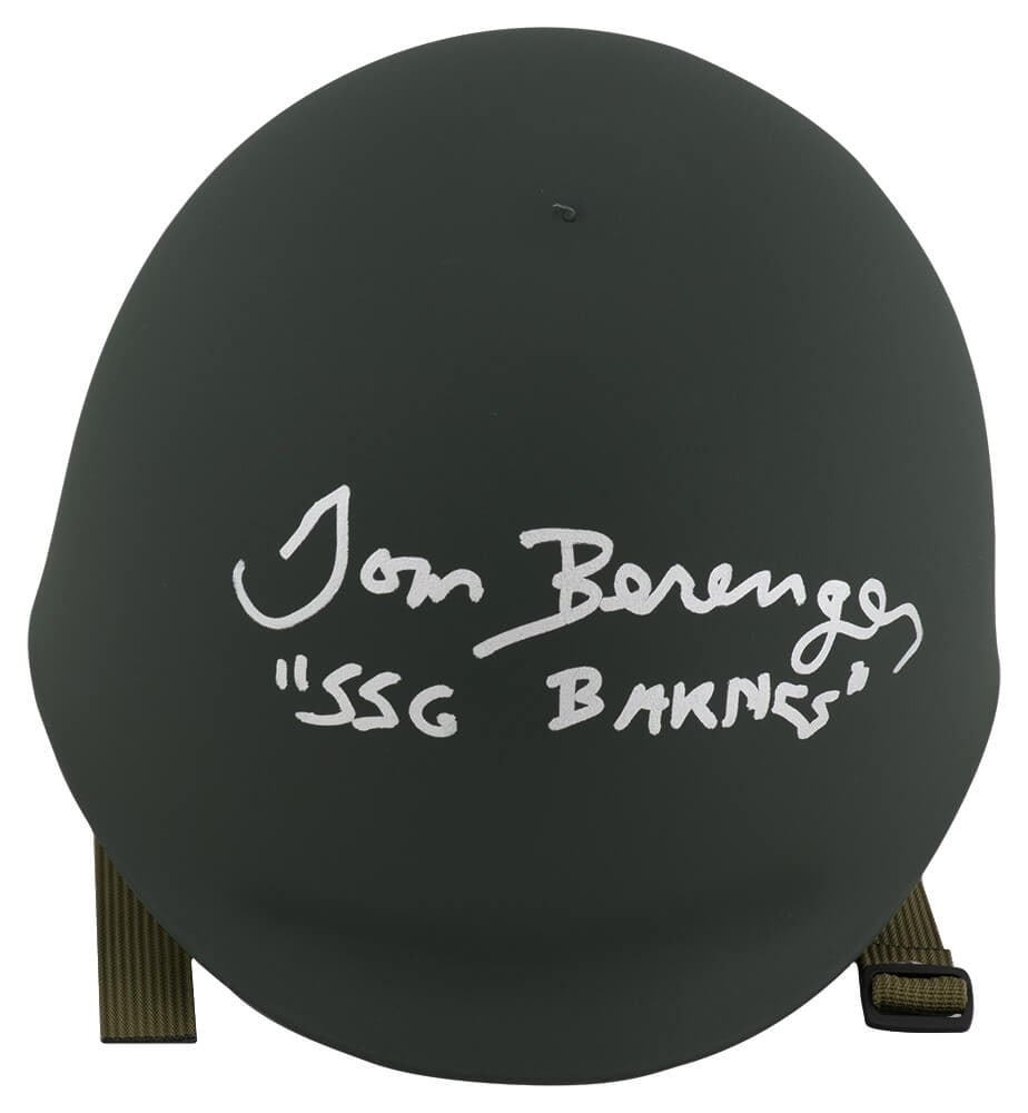 Tom Berenger Signed Green Army Helmet SSG Barnes with Certificate of Authenticity: Tom Berenger Signed Green Army Helmet SSG Barnes with Certificate of Authenticity Own a piece of cinematic history with this original green army costume helmet signed by Tom Berenger, famed for his ro