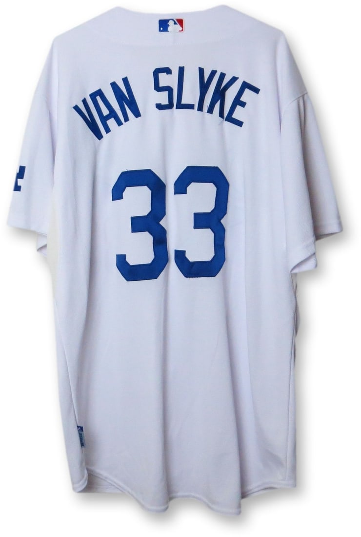 Los Angeles Dodgers home white team issue jersey Scott Van Slyke 33: Los Angeles Dodgers home white team issue jersey Scott Van Slyke 33 Pre-owned team issue Scott Van Slyke Los Angeles Dodgers home white jersey. Specifications Item Type: Team issue jersey Player: Scot