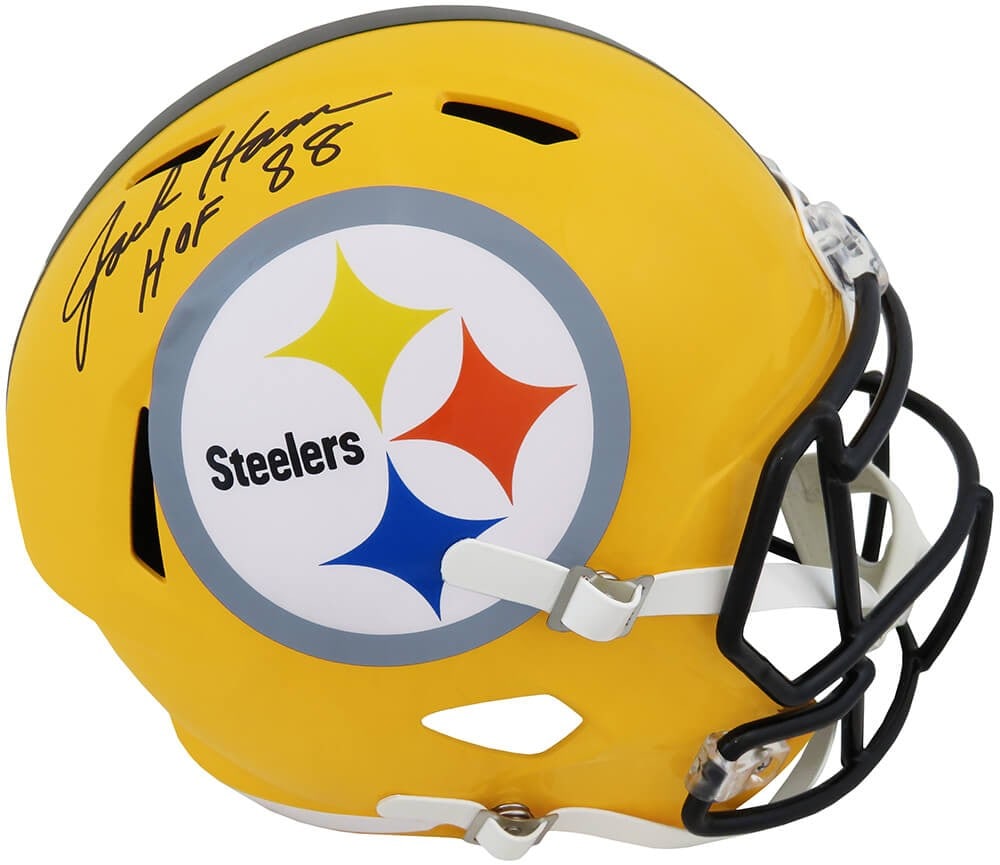 Pittsburgh Steelers throwback gold Riddell full size speed replica helmet signed by Jack Ham: Pittsburgh Steelers throwback gold Riddell full size speed replica helmet signed by Jack Ham Pre-owned Riddell full-size Speed replica helmet signed by Jack Ham and inscribed "HOF 88." This Pittsburgh