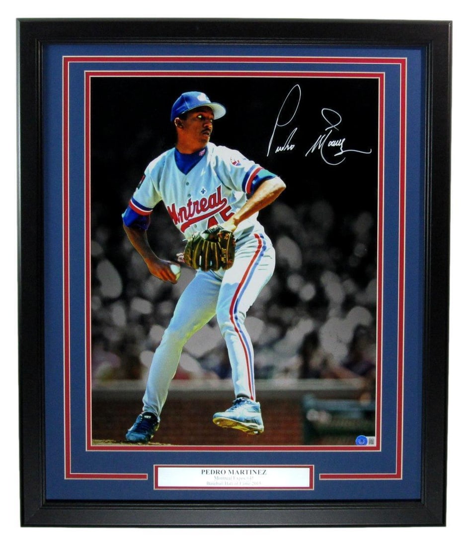 Pedro Martinez HOF Autographed 16x20 Framed Photo Montreal Expos Beckett Authenticated: Pedro Martinez HOF Autographed 16x20 Framed Photo Montreal Expos Beckett Authenticated Celebrate the legacy of Pedro Martinez with this stunning autographed 16x20 photo featuring the Montreal Expos, b