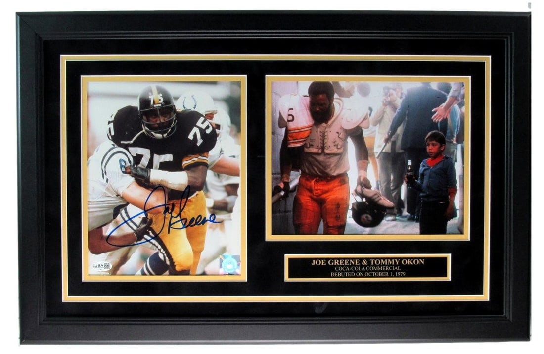 Framed Steelers Coke Commercial Photo Collage Signed by Mean Joe Greene JSA: Framed Steelers Coke Commercial Photo Collage Signed by Mean Joe Greene JSA This professionally framed photo collage features an 8x10 autographed photo of Mean Joe Greene of the Pittsburgh Steelers, a