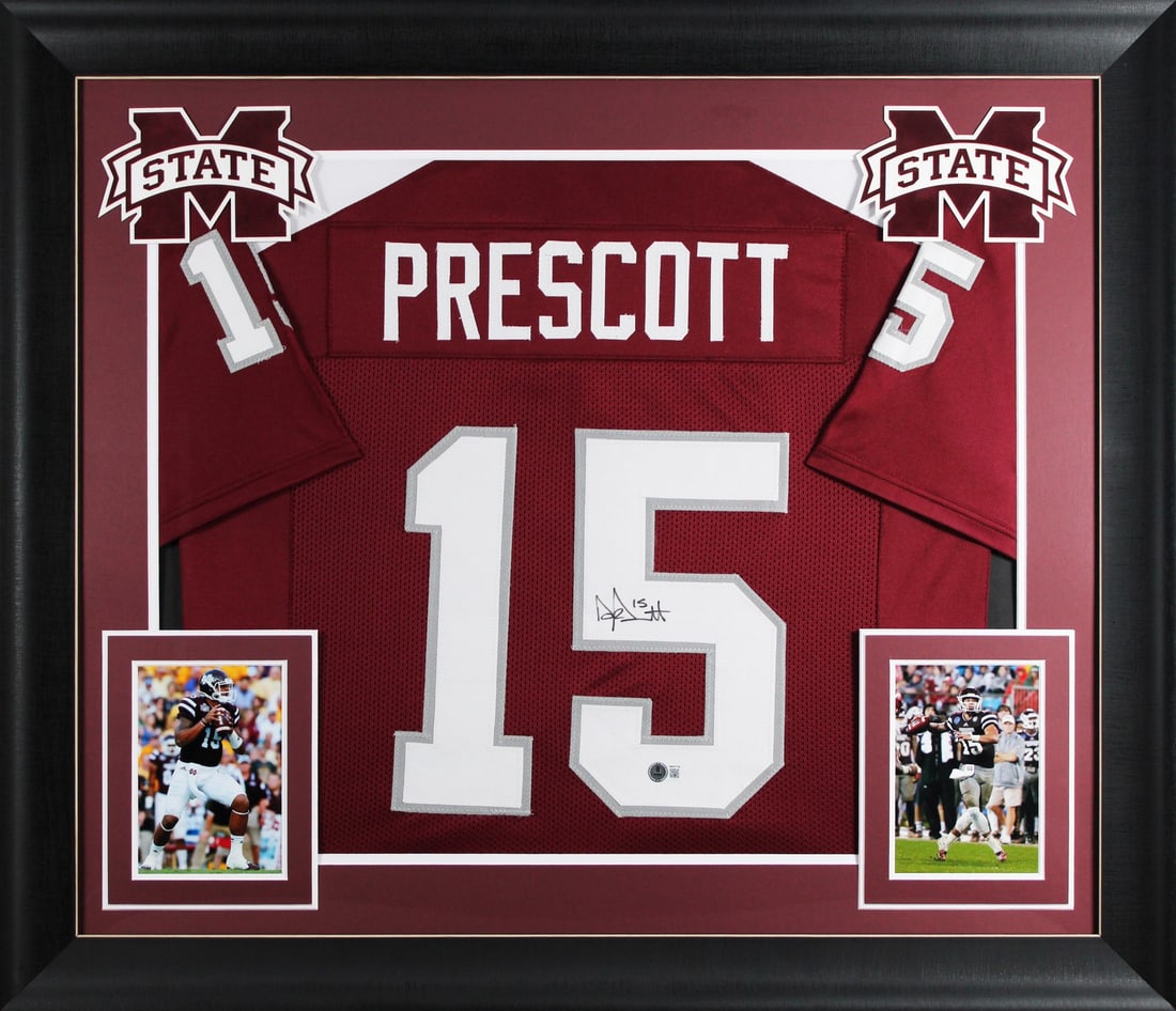 Framed maroon football jersey signed by Dak Prescott BAS Witness: Framed maroon football jersey signed by Dak Prescott BAS Witness Professionally framed maroon pro style jersey signed by Dak Prescott of the Mississippi State Bulldogs. This original autograph is auth