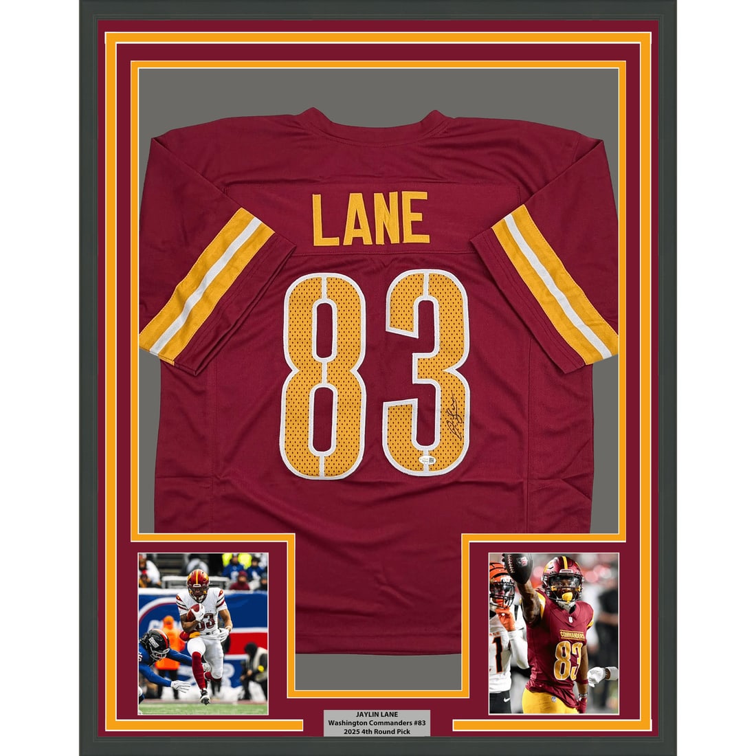 Framed Jaylin Lane Signed Maroon Football Jersey with JSA COA: Framed Jaylin Lane Signed Maroon Football Jersey with JSA COA Professionally framed and matted autographed Jaylin Lane maroon football jersey. This original signed piece includes two 5x7 photos and co