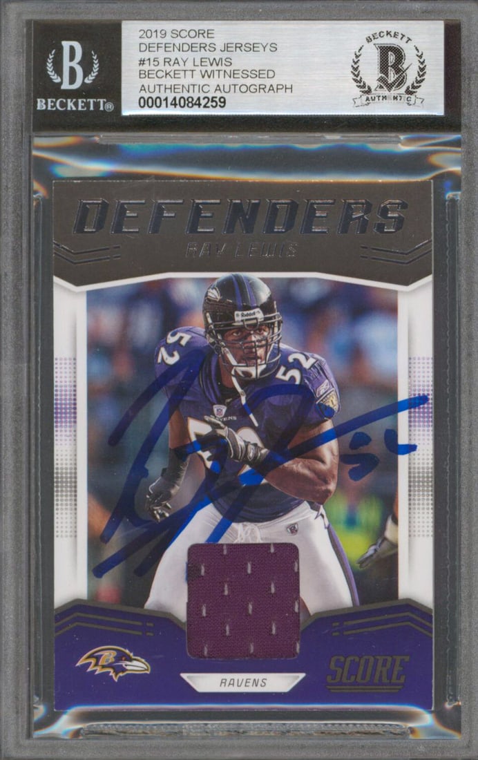 Ray Lewis Autographed 2019 Score Defenders #15 Card Gem Mint 10 Beckett Slabbed: Ray Lewis Autographed 2019 Score Defenders #15 Card Gem Mint 10 Beckett Slabbed This 2019 Score Defenders Jerseys #15 trading card features Ray Lewis of the Baltimore Ravens and is personally signed b