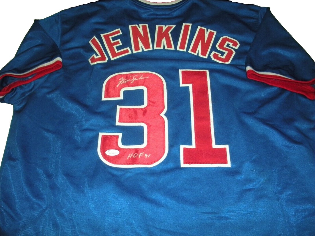 Hand Signed Fergie Jenkins Chicago Cubs Jersey With JSA COA: Hand Signed Fergie Jenkins Chicago Cubs Jersey With JSA COA This hand-signed Chicago Cubs jersey features the autograph of Fergie Jenkins, a Hall of Fame inductee in 1991. The jersey is original and i