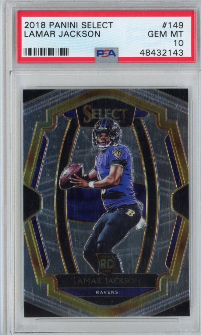 PSA 10 Lamar Jackson 2018 Panini Select Premier Level Rookie Football Card #149 (1 of 2)