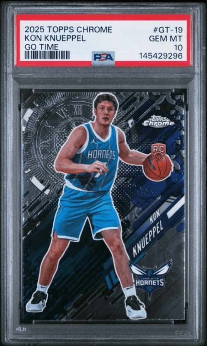 PSA 10 Kon Knueppel 2025 Topps Chrome Go Time GT19 RC Card: PSA 10 Kon Knueppel 2025 Topps Chrome Go Time GT19 RC Card Graded 2025 Topps Chrome Go Time rookie basketball card featuring Kon Knueppel. This sports trading card is encapsulated and professionally g