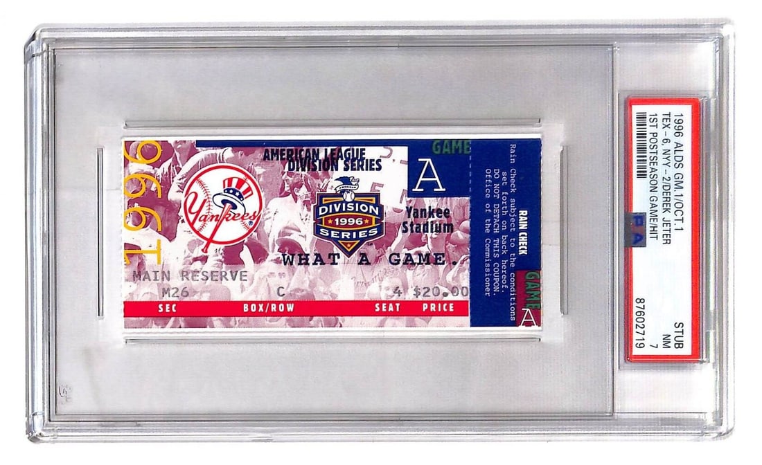 1996 ALDS Game 1 Ticket Derek Jeter Postseason Debut PSA 7 Yankees: 1996 ALDS Game 1 Ticket Derek Jeter Postseason Debut PSA 7 Yankees Commemorate a significant moment in baseball history with this original ticket from the 1996 ALDS Game 1, marking Derek Jeter's posts