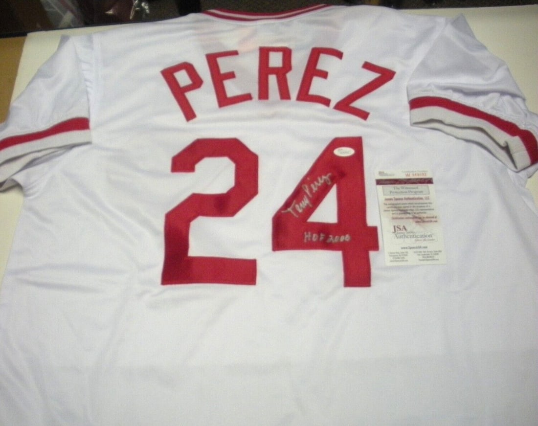 Signed Tony Perez Cincinnati Jersey with JSA COA Hall of Fame 2000: Signed Tony Perez Cincinnati Jersey with JSA COA Hall of Fame 2000 This is a signed Cincinnati Reds jersey featuring Tony Perez, a Hall of Fame inductee in 2000 and World Series champion. The jersey i