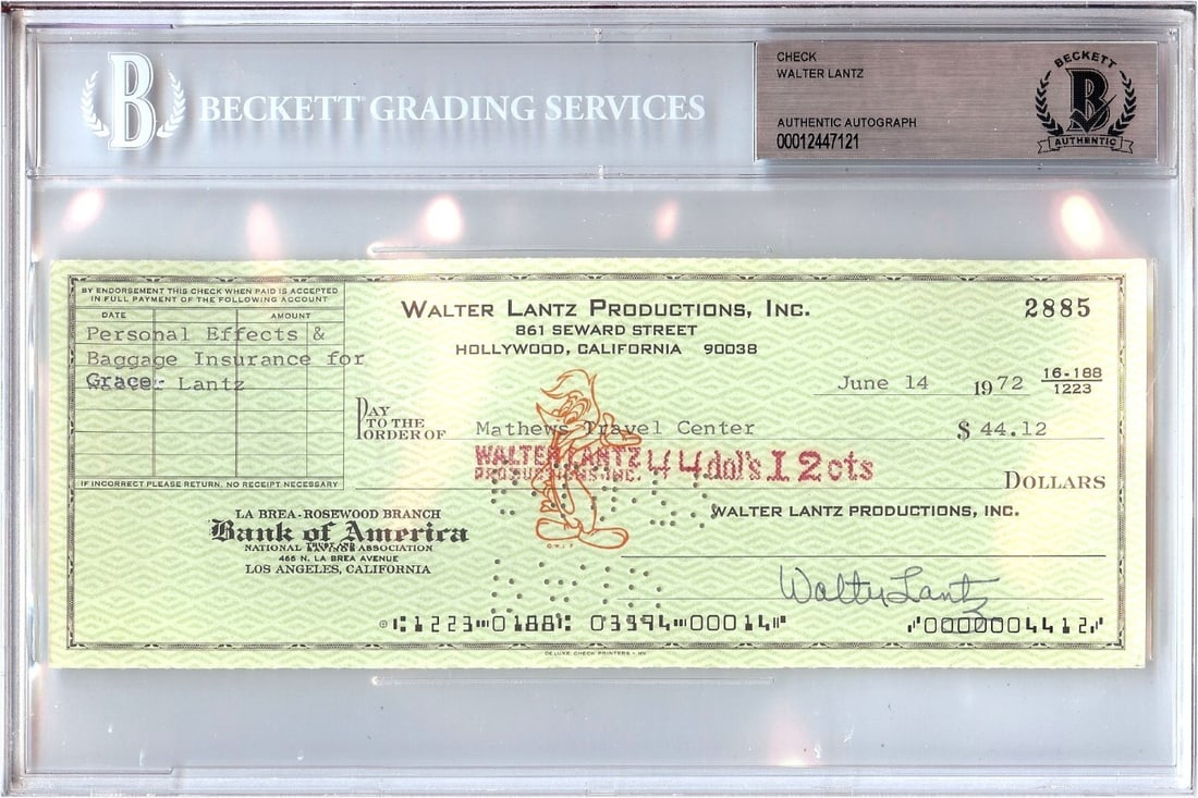 1972 Walter Lantz Hand Signed Check Beckett Authenticated Woody Woodpecker (1 of 1)