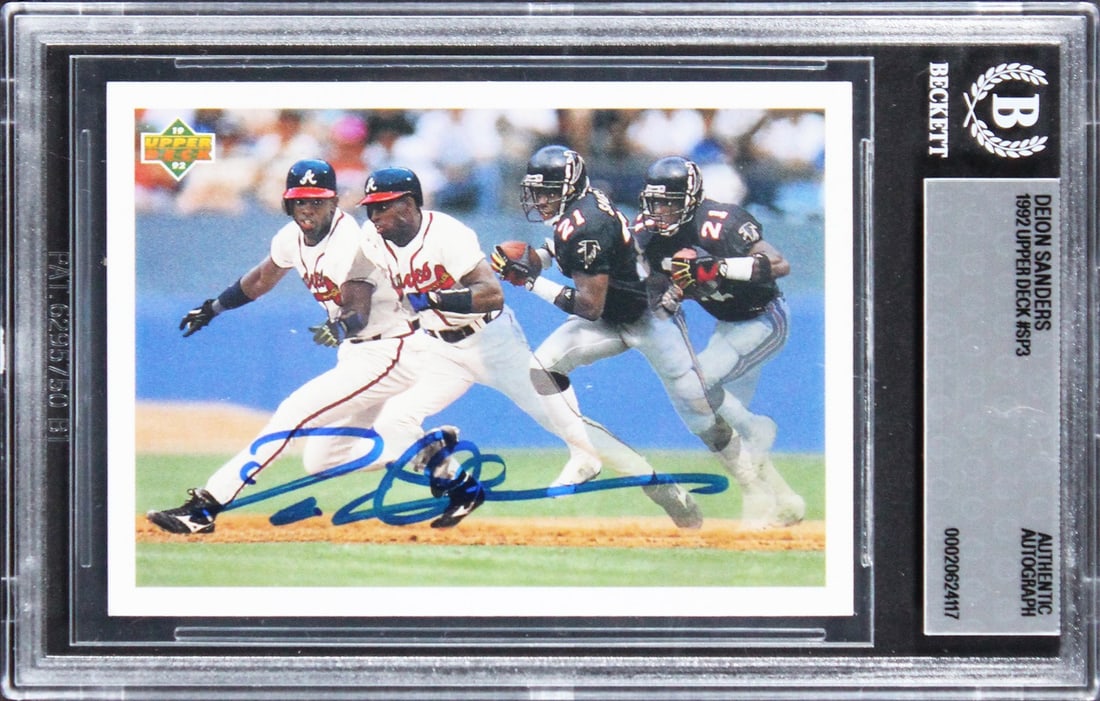 Deion Sanders 1992 Upper Deck SP3 signed Braves card Beckett authenticated: Deion Sanders 1992 Upper Deck SP3 signed Braves card Beckett authenticated Authentic signed 1992 Upper Deck #SP3 card featuring Deion Sanders of the Atlanta Braves. This original baseball card is slab
