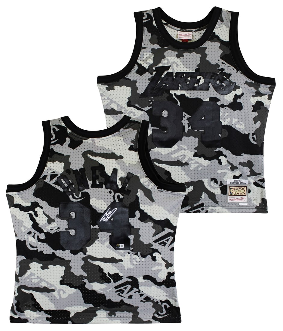 Shaquille O'Neal Signed Lakers Camo 1996-97 Swingman Jersey BAS Authenticated: Shaquille O'Neal Signed Lakers Camo 1996-97 Swingman Jersey BAS Authenticated Own a piece of basketball history with this original autographed black camouflage Mitchell & Ness 1996-97 Hardwood Classic