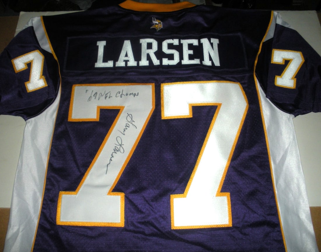 Signed Minnesota Vikings Proline Jersey by Gary Larsen with COA: Signed Minnesota Vikings Proline Jersey by Gary Larsen with COA This is a pre-owned, officially licensed Proline jersey signed by Gary Larsen of the Minnesota Vikings. The jersey comes with a certific