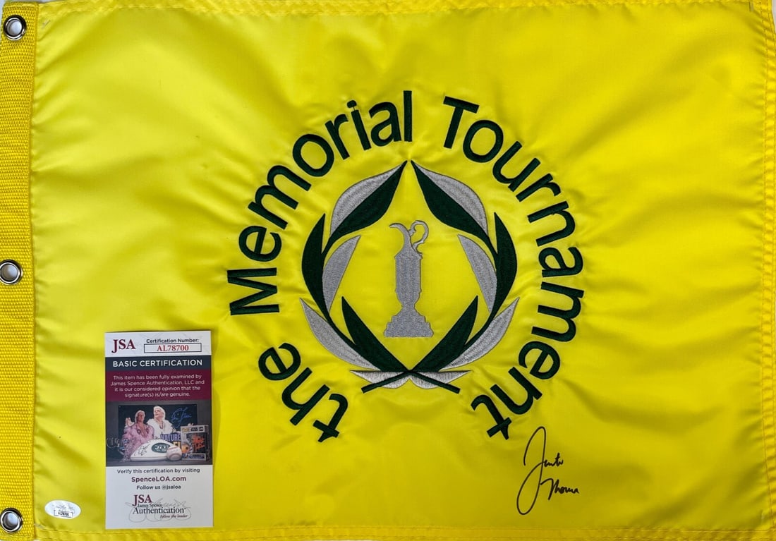 Justin Thomas Autographed Memorial Tournament Pin Flag JSA Certified: Justin Thomas Autographed Memorial Tournament Pin Flag JSA Certified This is an officially licensed The Memorial Tournament pin flag, personally signed by PGA star Justin Thomas. The autograph has bee