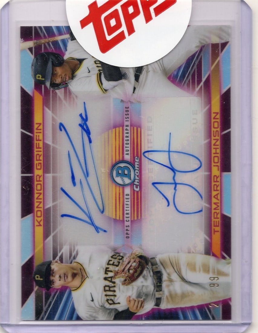 2024 Bowman Draft PDAGJ dual autograph card Griffin Johnson /99: 2024 Bowman Draft PDAGJ dual autograph card Griffin Johnson /99 2024 Topps Bowman Draft Prospect Dual Auto card featuring Konnor Griffin and Termarr Johnson. This pre-owned sports trading card is auto