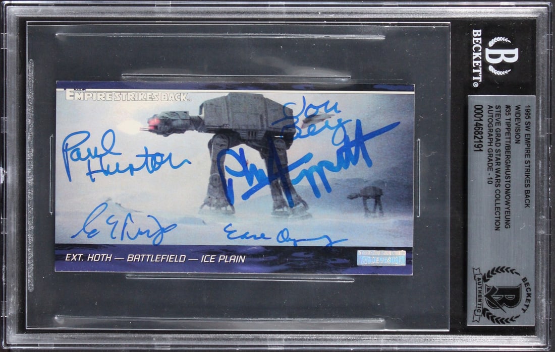 Star Wars ESB Widevision #35 Card Signed by Tippett Berg Huston Owyeung Beckett Slabbed: Star Wars ESB Widevision #35 Card Signed by Tippett Berg Huston Owyeung Beckett Slabbed This 1995 Star Wars: The Empire Strikes Back Widevision #35 trading card features autographs from Phil Tippett, 