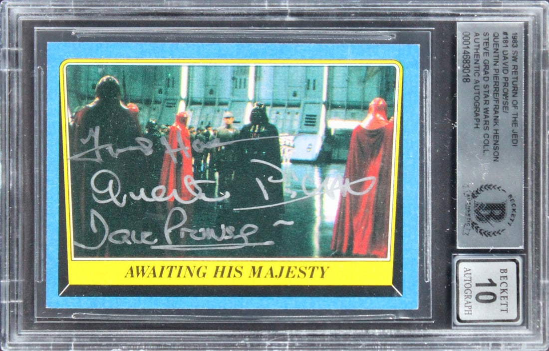 Beckett Authenticated 1983 ROTJ 181 Star Wars Card Signed by Prowse and 2 Others: Beckett Authenticated 1983 ROTJ 181 Star Wars Card Signed by Prowse and 2 Others Original 1983 Star Wars Return of the Jedi #181 trading card signed by David Prowse, Quentin Pierre, and Frank Henson. 
