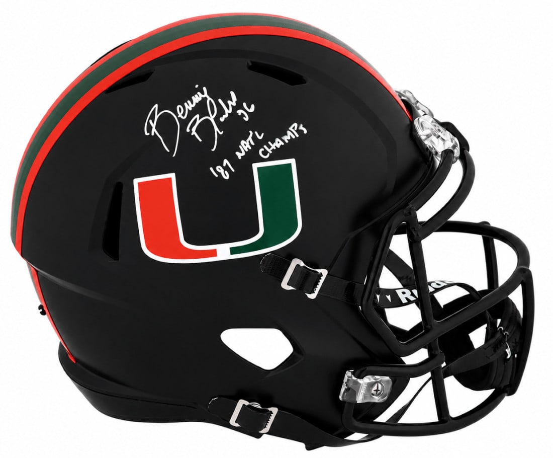 Miami Hurricanes Riddell full size replica helmet signed by Bennie Blades: Miami Hurricanes Riddell full size replica helmet signed by Bennie Blades Signed full-size Riddell speed replica helmet featuring a black Miami Hurricanes design and an '87 Nat'l Champs' inscription b
