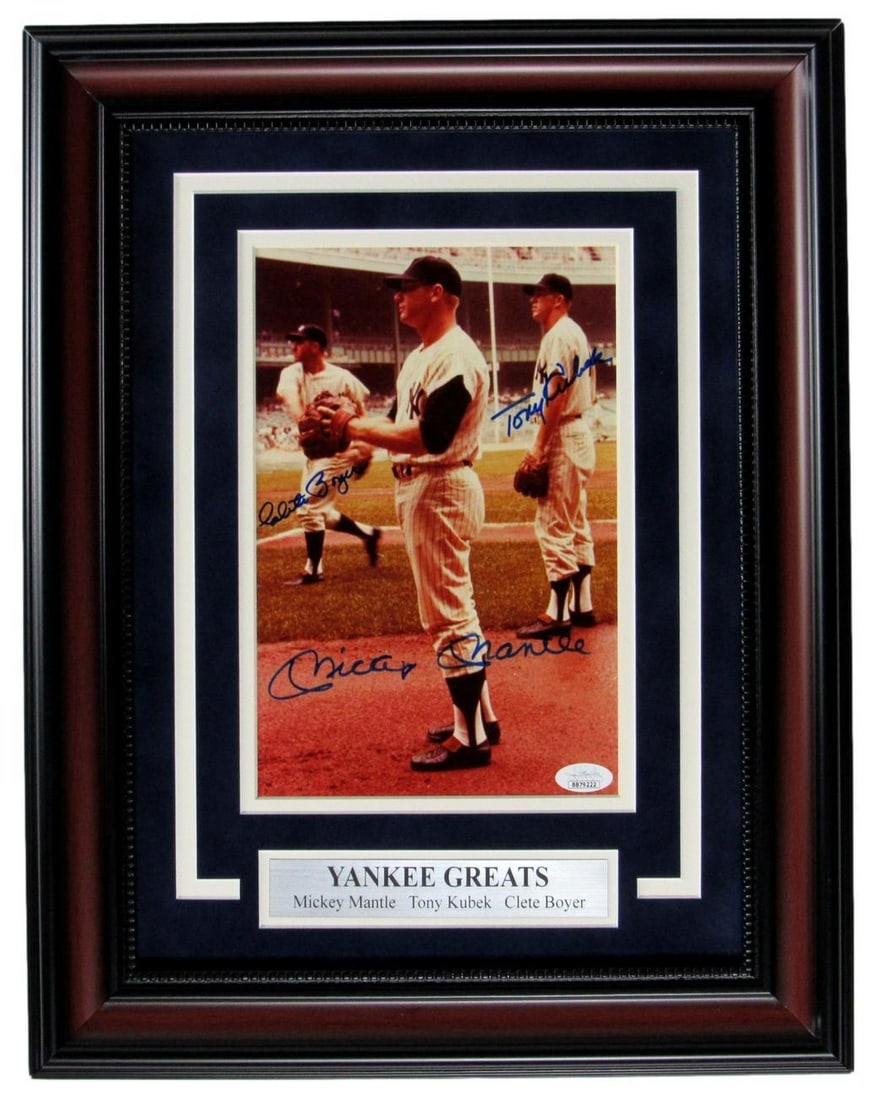 Mickey Mantle Tony Kubek Clete Boyer Signed 8x10 Photo Framed JSA Authenticated: Mickey Mantle Tony Kubek Clete Boyer Signed 8x10 Photo Framed JSA Authenticated This exquisite framed 8x10 photo features the signatures of New York Yankees legends Mickey Mantle, Tony Kubek, and Clet