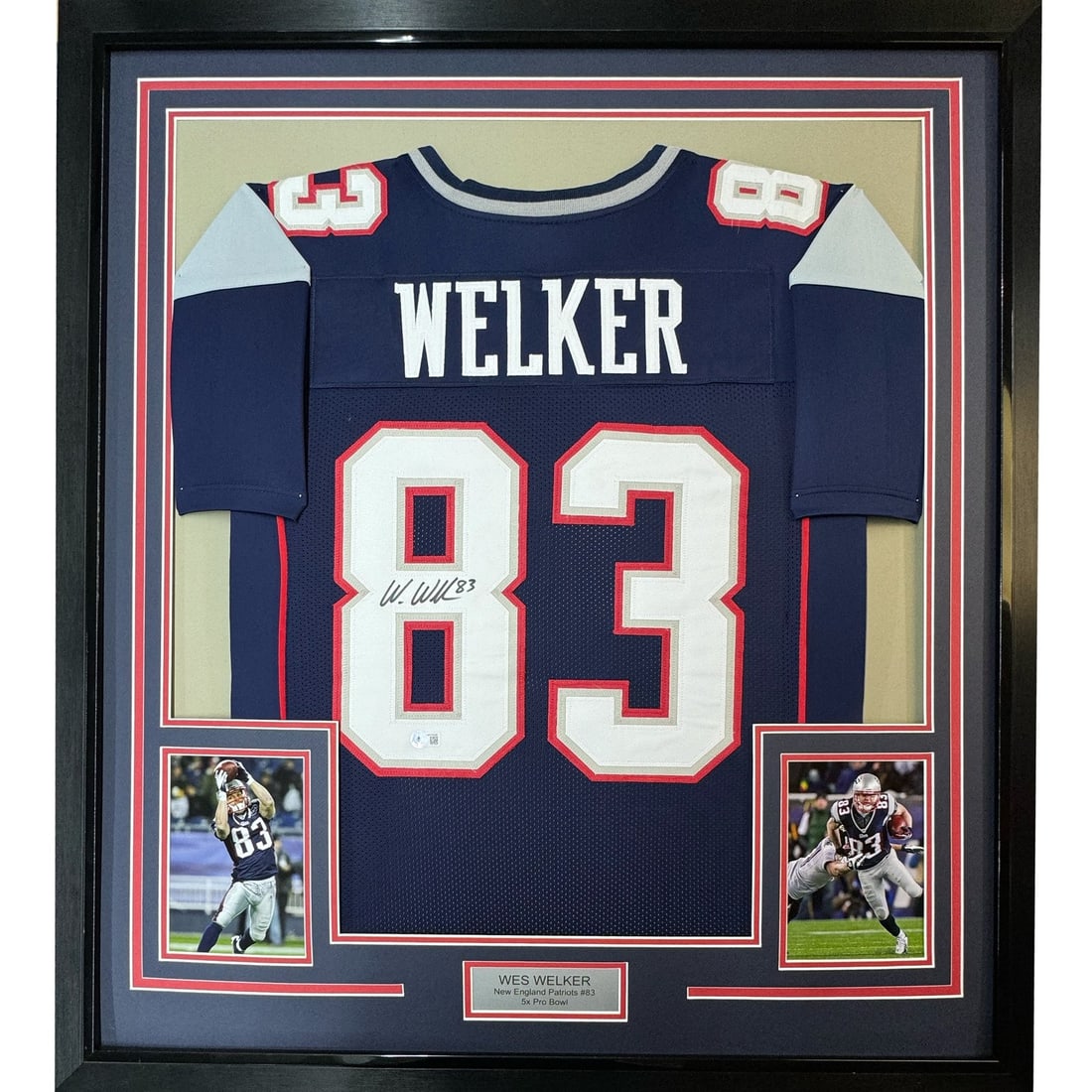 35x39 Framed Wes Welker Signed Patriots Blue Jersey Beckett COA: 35x39 Framed Wes Welker Signed Patriots Blue Jersey Beckett COA Professionally framed and matted autographed Wes Welker blue jersey display featuring two 5x7 photos. This original football memorabilia