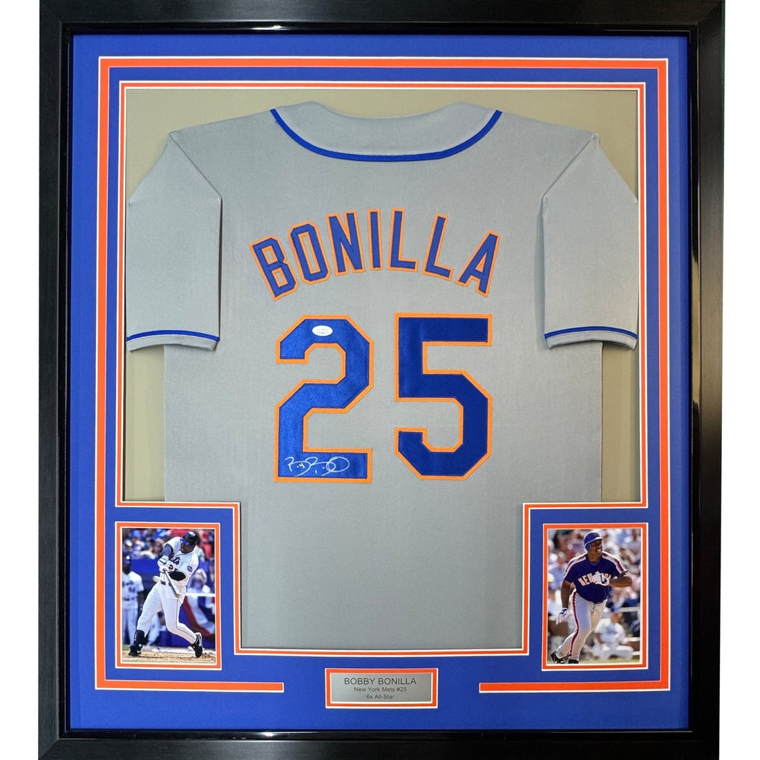 Bobby Bonilla signed framed New York Mets grey jersey JSA authenticated: Bobby Bonilla signed framed New York Mets grey jersey JSA authenticated Professionally framed and matted autographed Bobby Bonilla New York Mets grey jersey. This original signed display includes two 