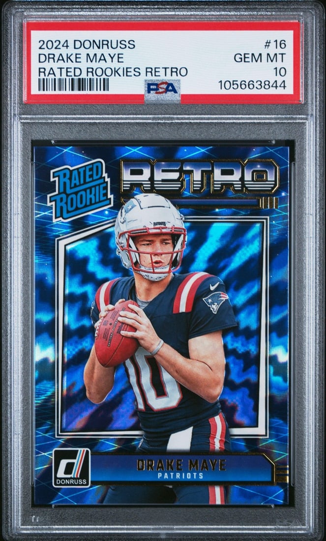 2024 Panini Donruss Drake Maye #16 PSA 10 Rated Rookie Card: 2024 Panini Donruss Drake Maye #16 PSA 10 Rated Rookie Card This is a graded 2024 Panini Donruss Drake Maye #16 Rated Rookies Retro Rookie Card, graded PSA 10. The card features athlete Drake Maye and