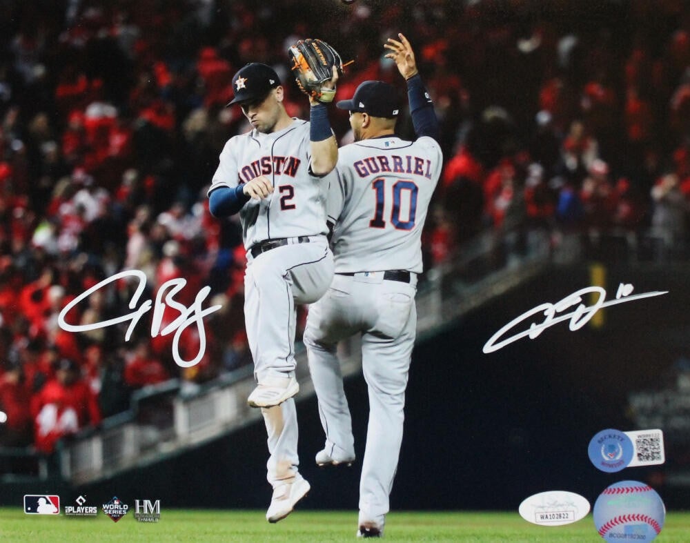 Houston Astros 8x10 signed celebration photo Gurriel Bregman JSA Beckett: Houston Astros 8x10 signed celebration photo Gurriel Bregman JSA Beckett Original 8x10 photo signed by Yuli Gurriel and Alex Bregman, featuring the Houston Astros. The item is listed as original and p