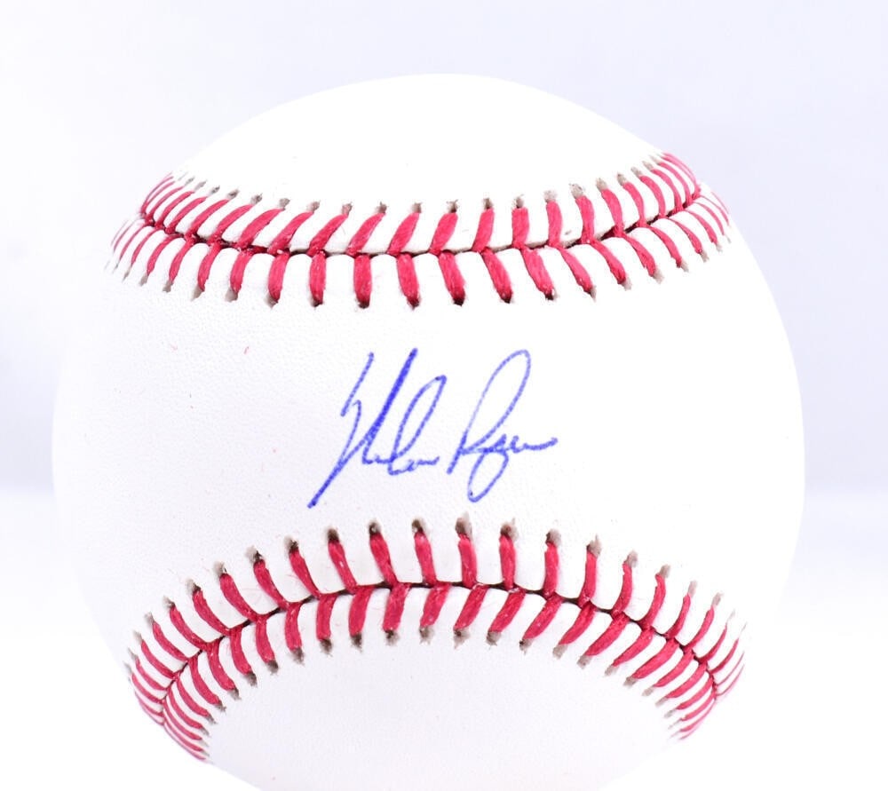 Rawlings 2023 World Series OML Baseball Signed by Nolan Ryan AIV Hologram: Rawlings 2023 World Series OML Baseball Signed by Nolan Ryan AIV Hologram This Rawlings OML 2023 World Series baseball is autographed by Nolan Ryan. It is identified as an original item, features the 