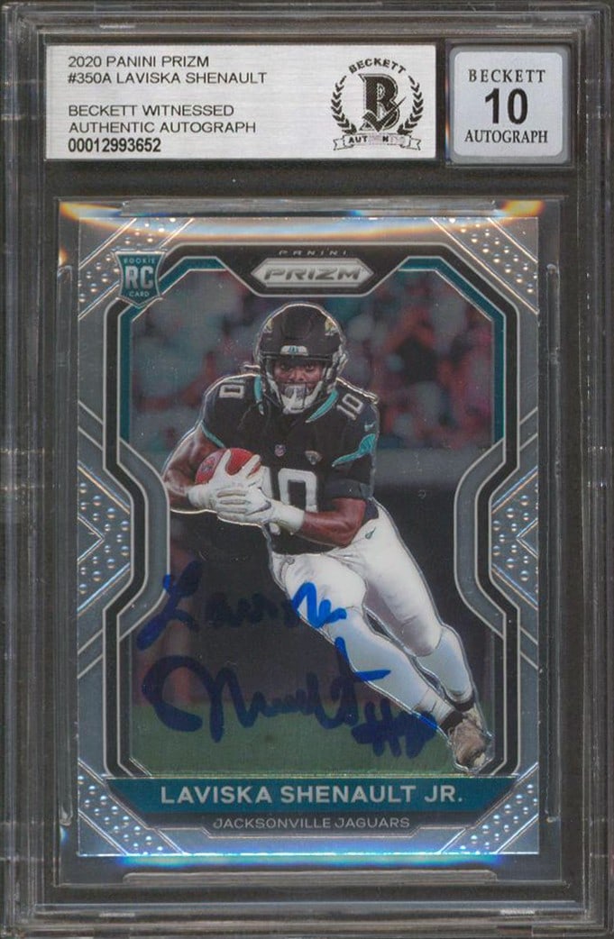 Laviska Shenault Signed 2020 Panini Prizm Rookie Card Auto Gem Mint 10 BAS Slabbed: Laviska Shenault Signed 2020 Panini Prizm Rookie Card Auto Gem Mint 10 BAS Slabbed This 2020 Panini Prizm #350A Rookie Card is a remarkable collectible, personally signed by Laviska Shenault of the Ja