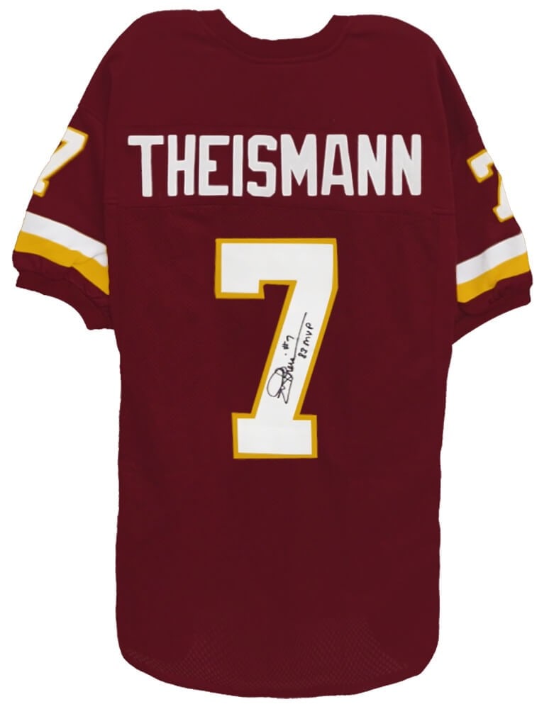 Joe Theismann Signed Jersey Red Throwback with 83 MVP Inscription: Joe Theismann Signed Jersey Red Throwback with 83 MVP Inscription Celebrate the legacy of NFL star Joe Theismann with this signed red custom throwback football jersey. The jersey features '83 MVP' ins