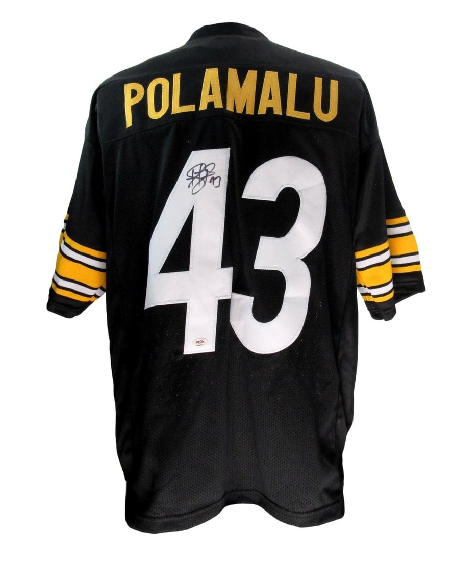 Troy Polamalu Signed Black Steelers Jersey PSA/DNA XL: Troy Polamalu Signed Black Steelers Jersey PSA/DNA XL This is a Troy Polamalu signed black Pittsburgh Steelers custom football jersey in size XL. The jersey features the iconic Steelers colors and is 