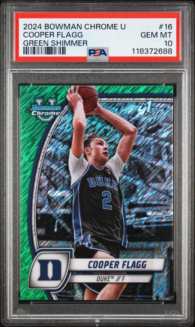 2024 Bowman CHR U Cooper Flagg #16 Green Shimmer PSA 10 Basketball Card: 2024 Bowman CHR U Cooper Flagg #16 Green Shimmer PSA 10 Basketball Card This is a Graded 2024 Bowman CHR U Cooper Flagg #16 Green Shimmer Basketball Card, encapsulated and graded by Professional Sport