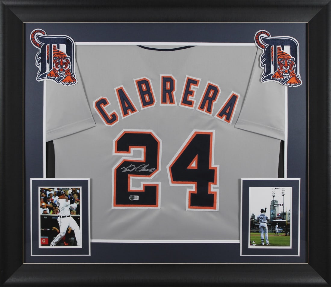 Miguel Cabrera Signed Grey Framed Jersey BAS Authentic: Miguel Cabrera Signed Grey Framed Jersey BAS Authentic This Authentic Signed Grey Pro Style Framed Jersey has been personally signed by Miguel Cabrera, the star player of the Detroit Tigers. Each jers
